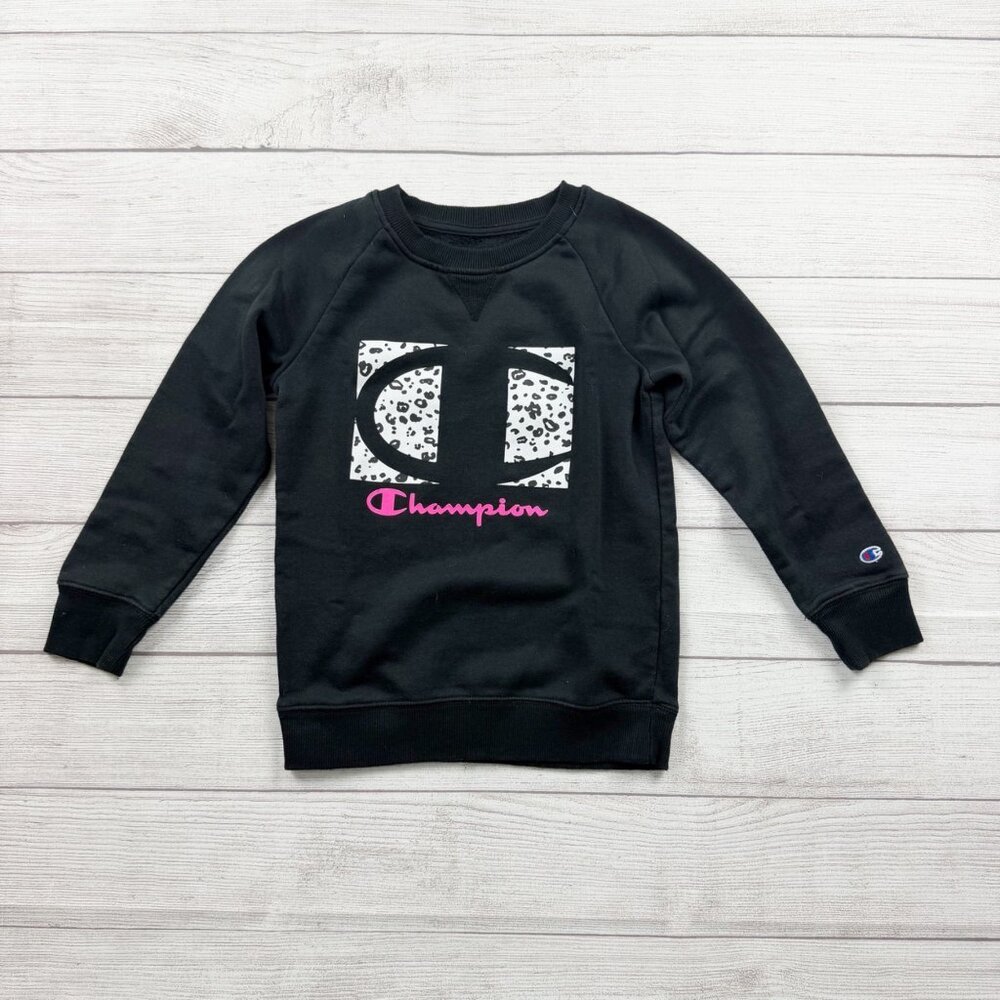 Champion Kids Sweatshirt Black Leopard Logo Pink Script Crewneck Pullover S